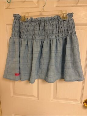 Simply Southern Light Blue Smocked Mini Skirt with Pink Tab